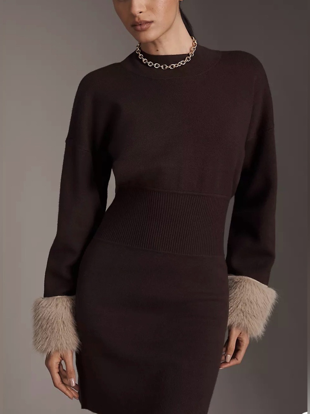NWT Anthropologie Long-Sleeve Faux Fur Trim Sweater Mini Dress